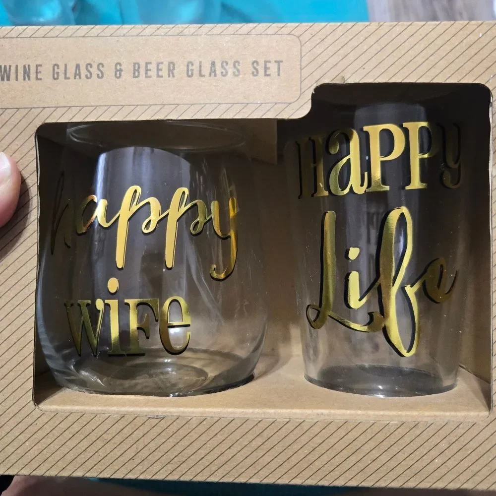 Happy wife, happy life, wine glass and beer glass set new in box